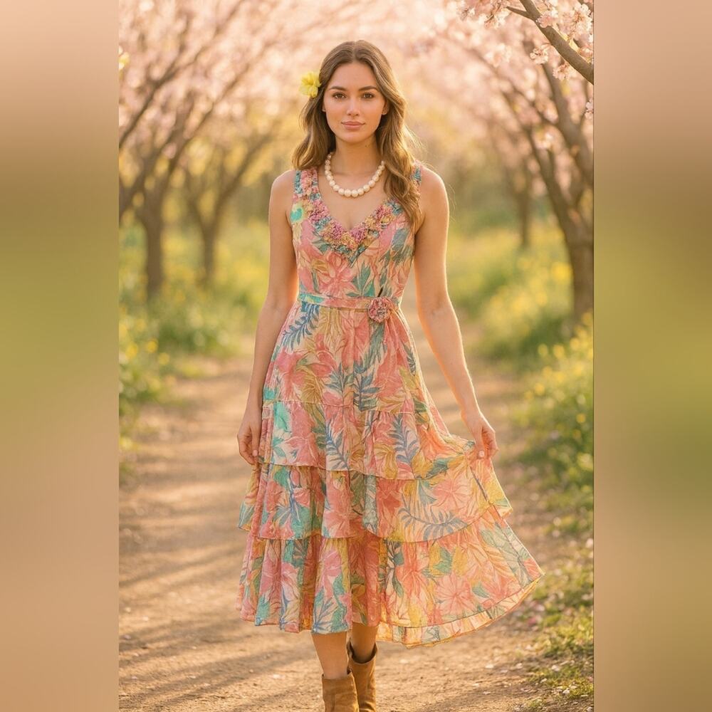Bethany Floral Sleeveless Ruffle Handkerchief Belted Layered Dress Sz. 6 #1351